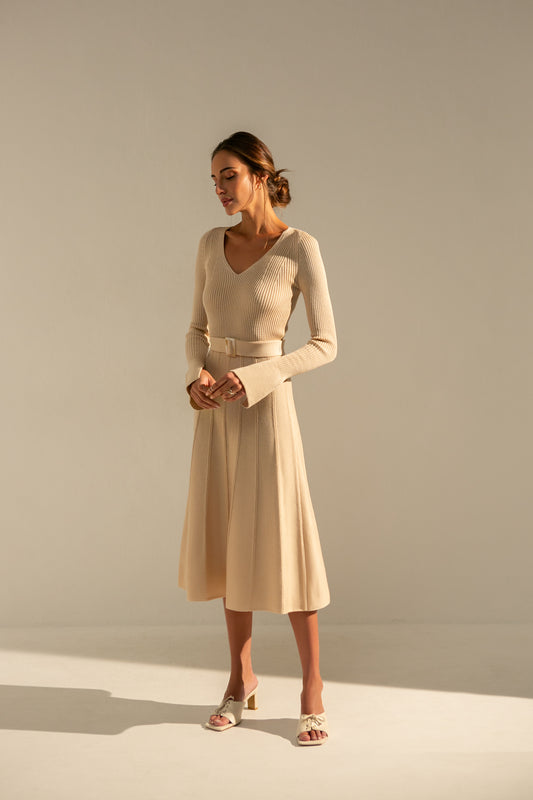 Knitted Belted V-neck Midi Dress Stephanie