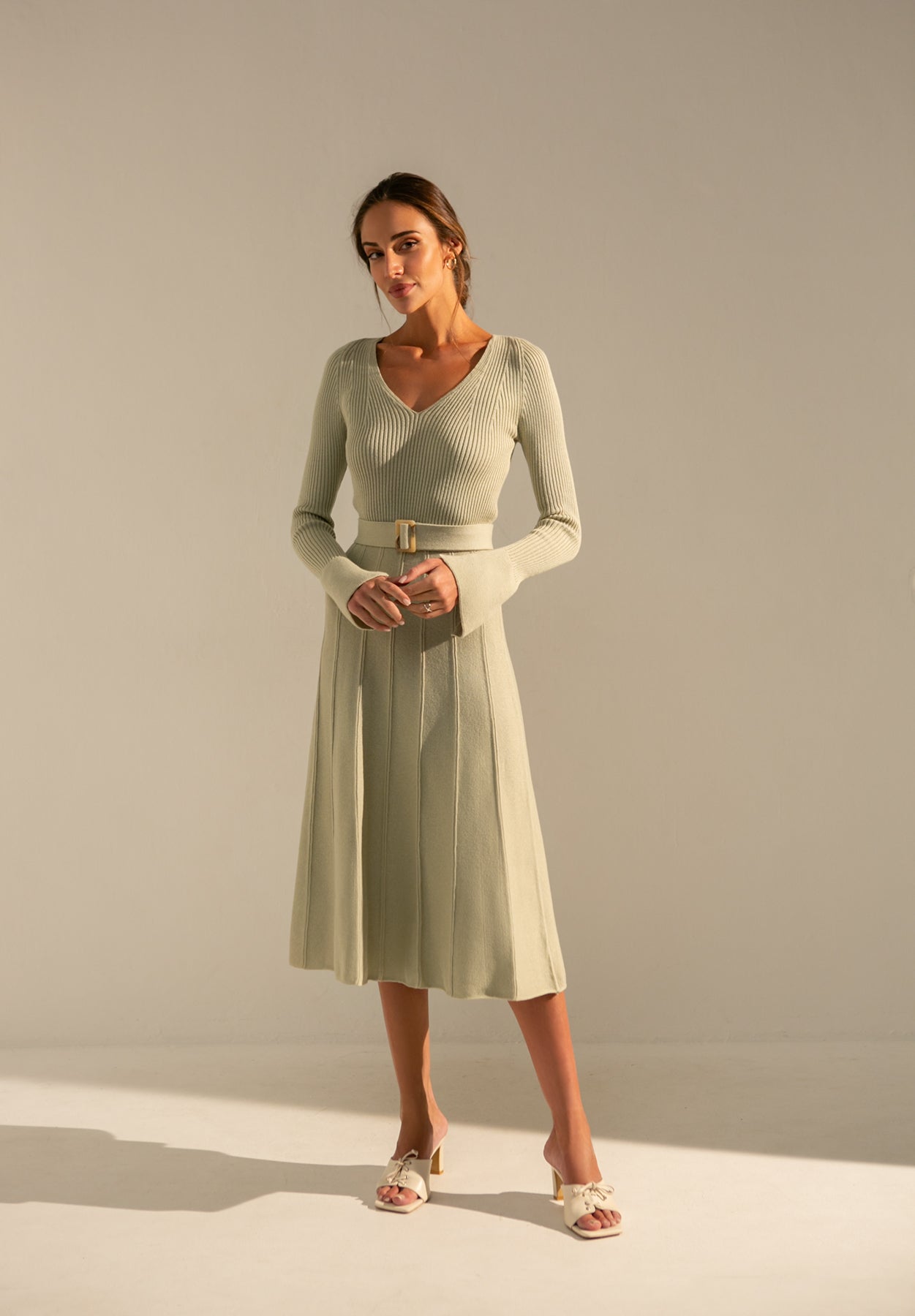 Knitted Belted V-neck Midi Dress Stephanie Green