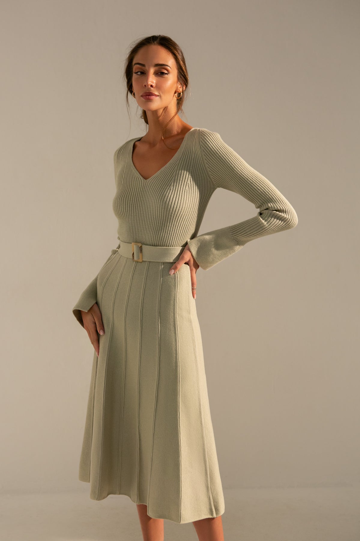 Knitted Belted V-neck Midi Dress Stephanie