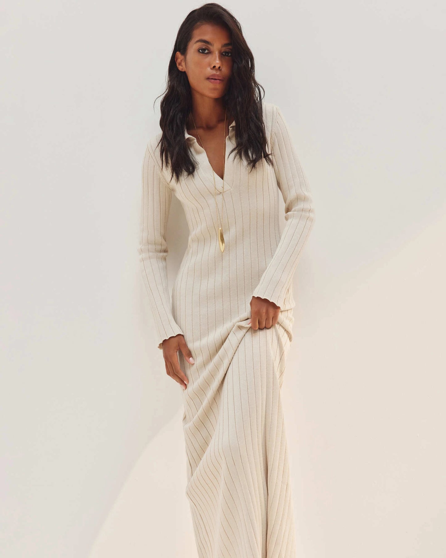 Ribbed Polo Maxi Dress with Slit Nova Dark Olive