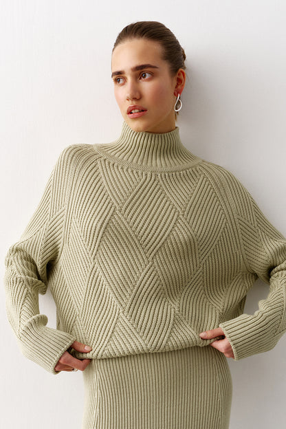 High Neck Knitted Sweater With Geometric Print
