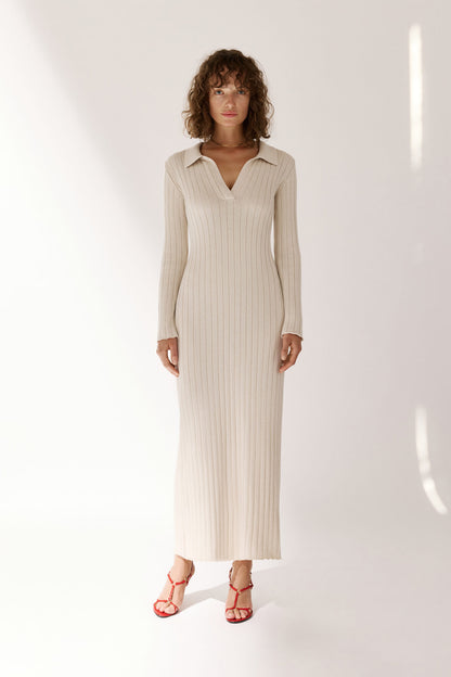 Ribbed Polo Maxi Dress with Slit Nova Ivory