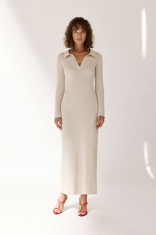 Ribbed Polo Maxi Dress with Slit Nova Ivory