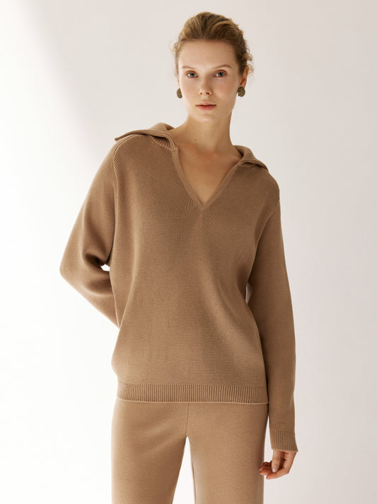 Polo Jumper with Accent Collar Pola Caramel