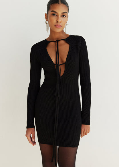 Stylish Knitted Black Mini Dress With Ties Melody