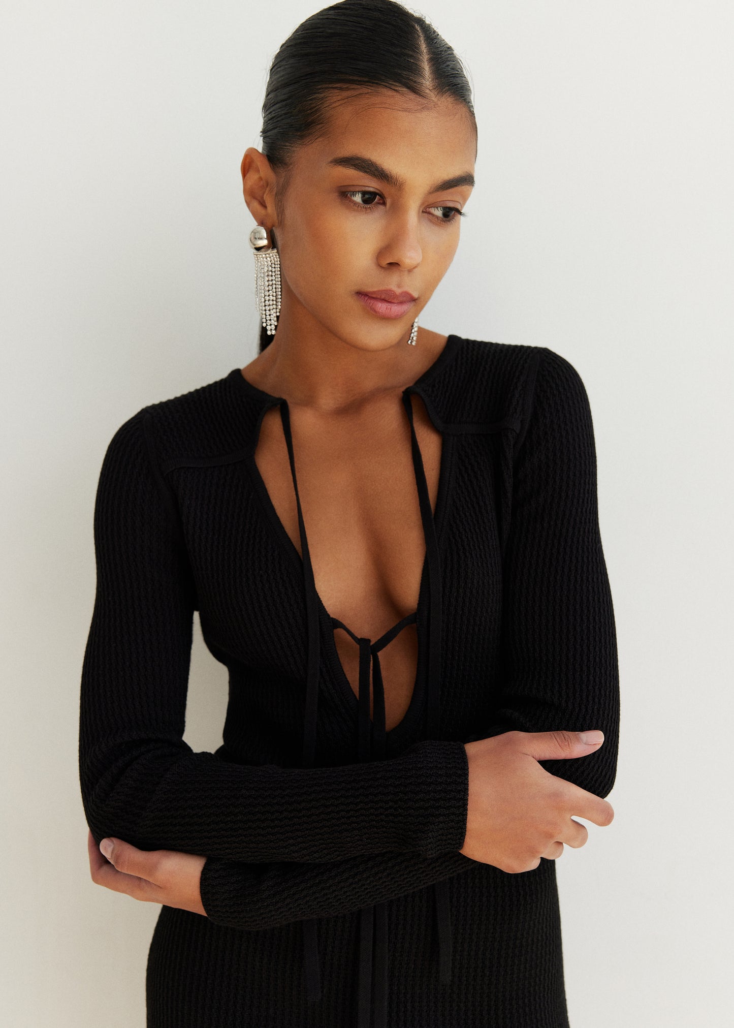 Stylish Knitted Black Mini Dress With Ties Melody