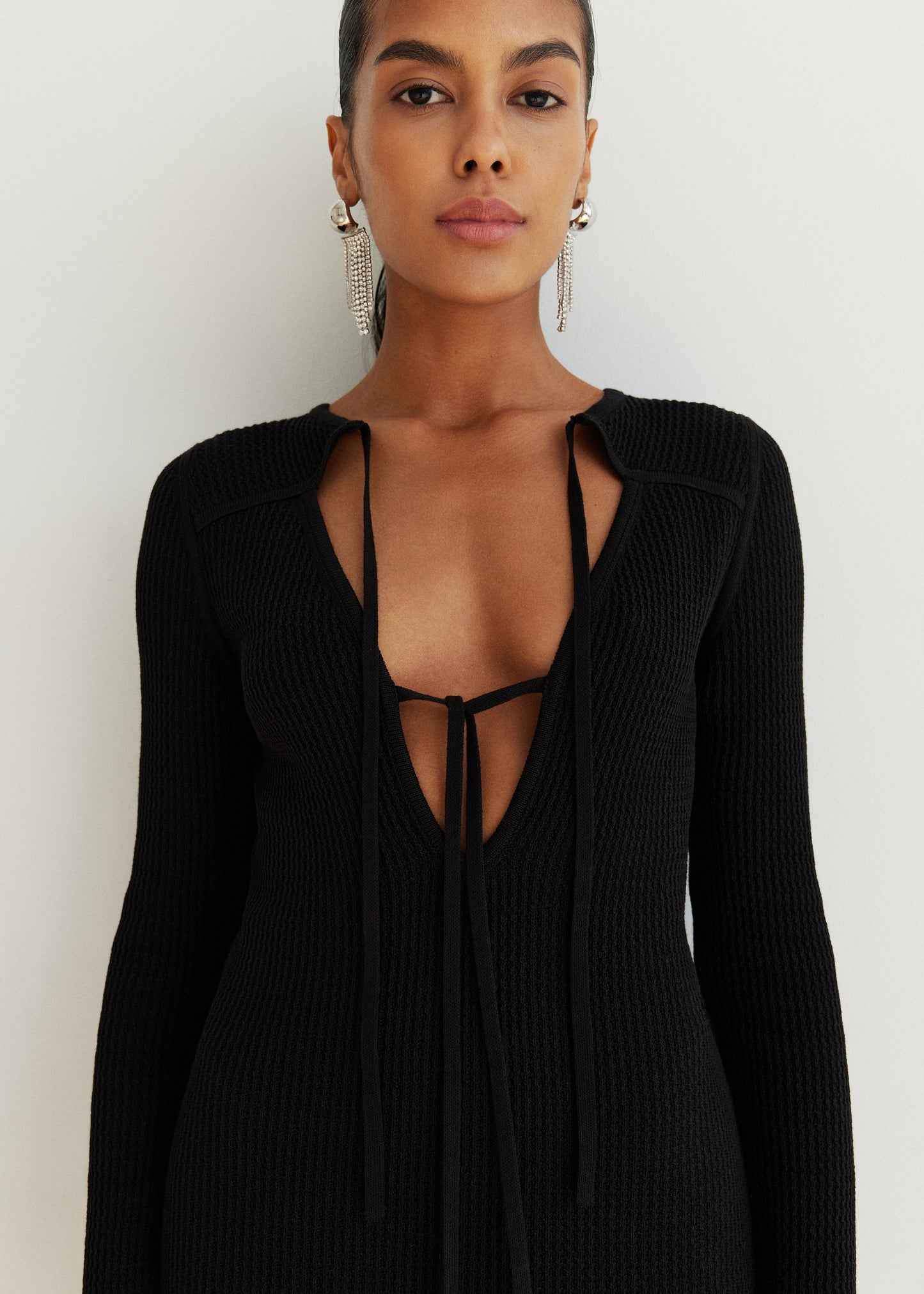 Stylish Knitted Black Mini Dress With Ties Melody