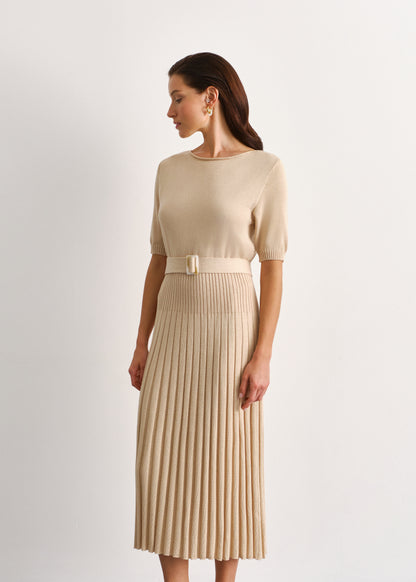 Knitted Round Neck Pleated Skirt Midi Dress