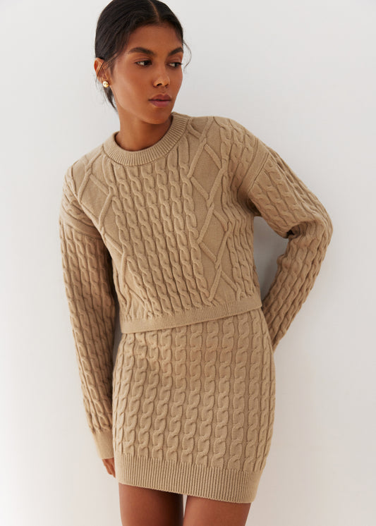 Crew Neck Cropped Jumper With Faulen Braid Pattern Caramel