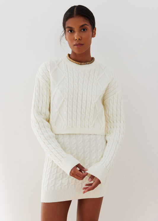 Crew Neck Cropped Jumper With Faulen Braid Pattern Milk