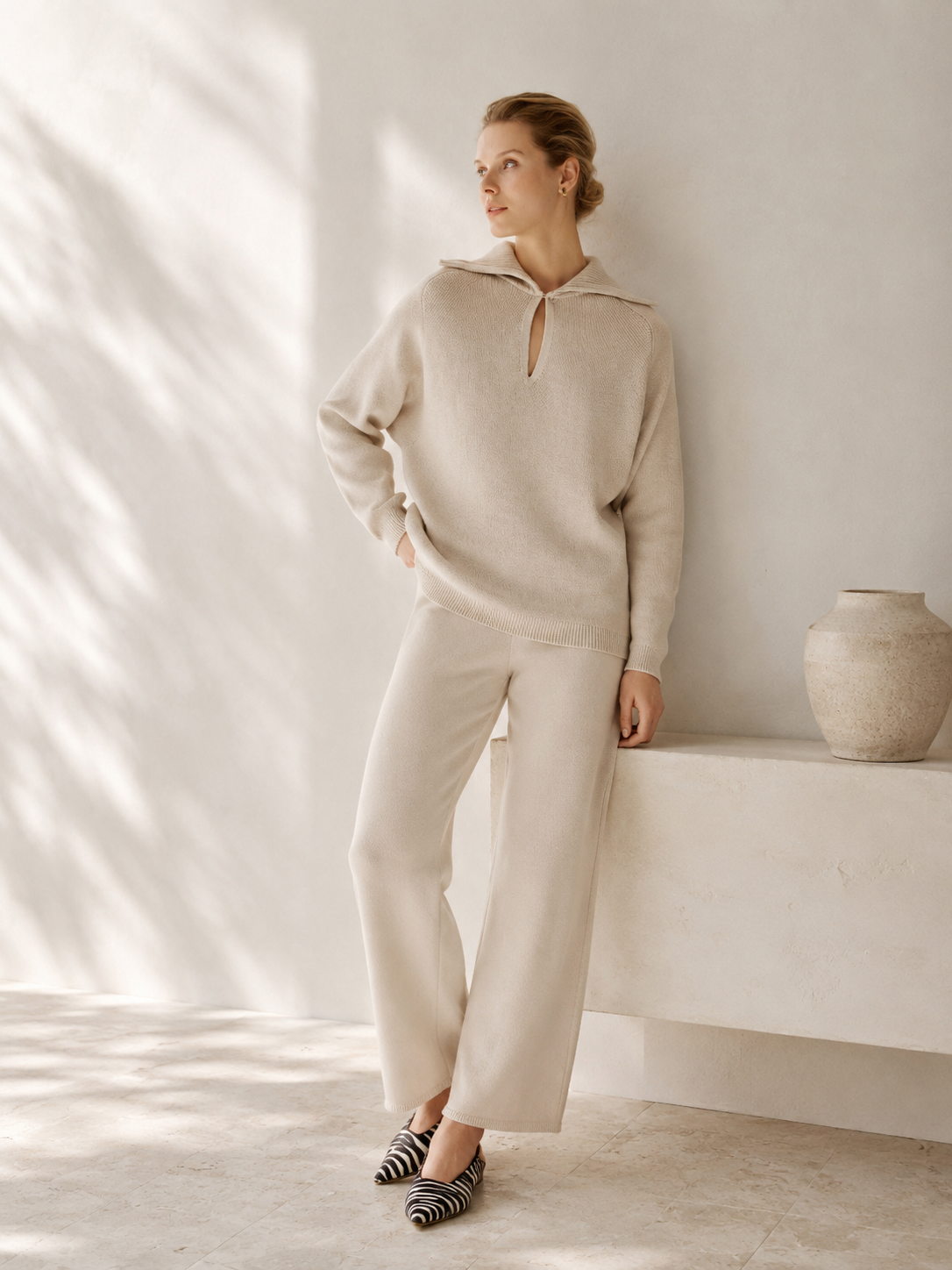 Polo Jumper with Accent Collar Pola Ivory