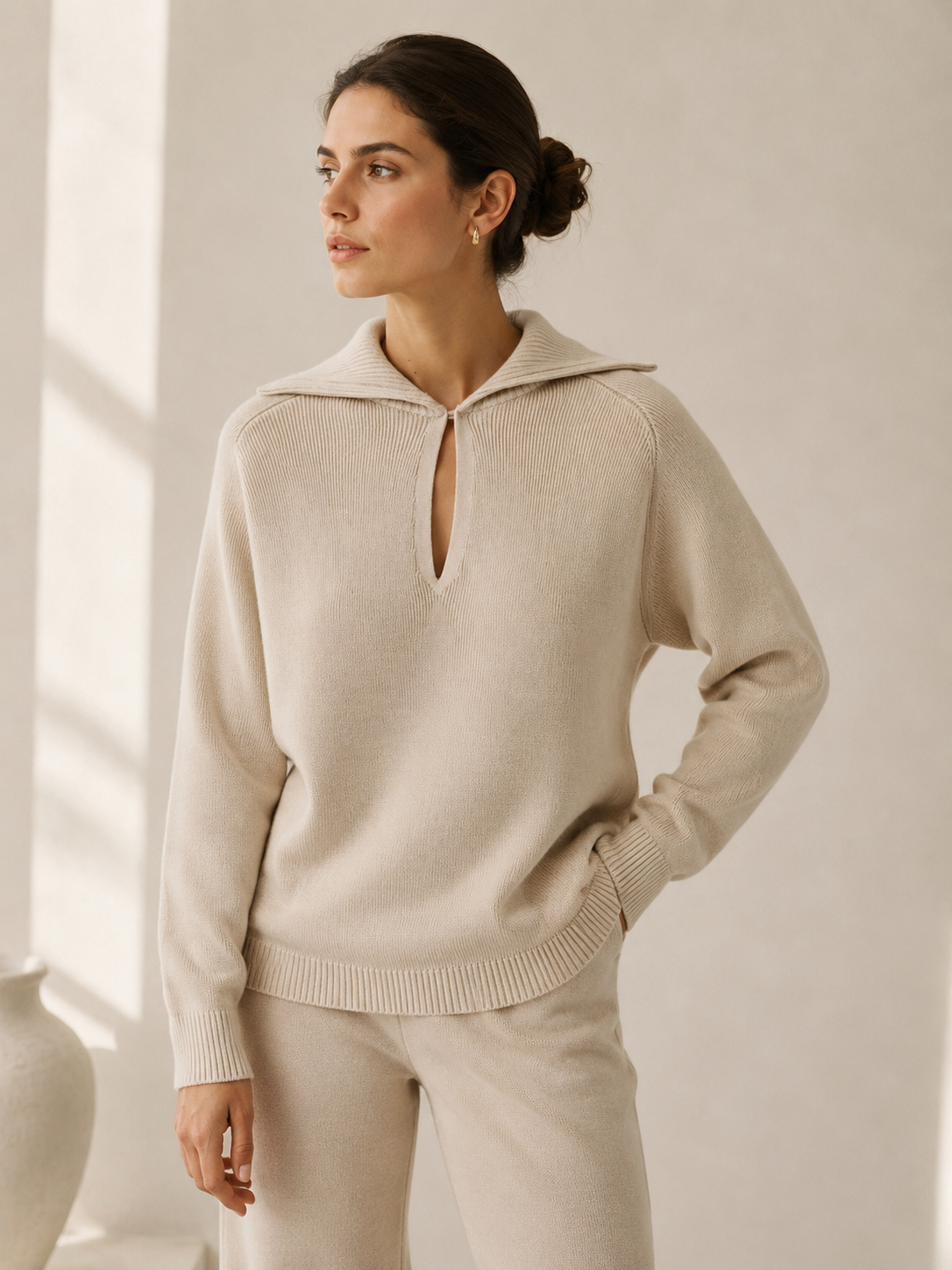 Polo Jumper with Accent Collar Pola Ivory