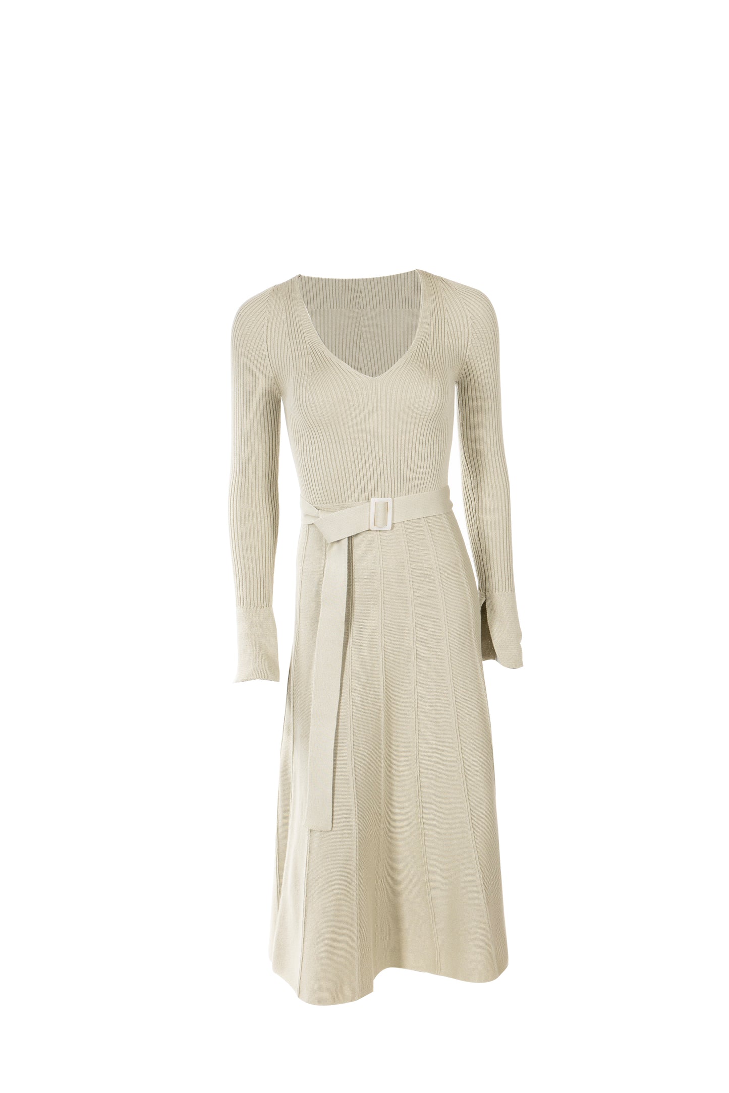 Knitted Belted V-neck Midi Dress Stephanie Olive