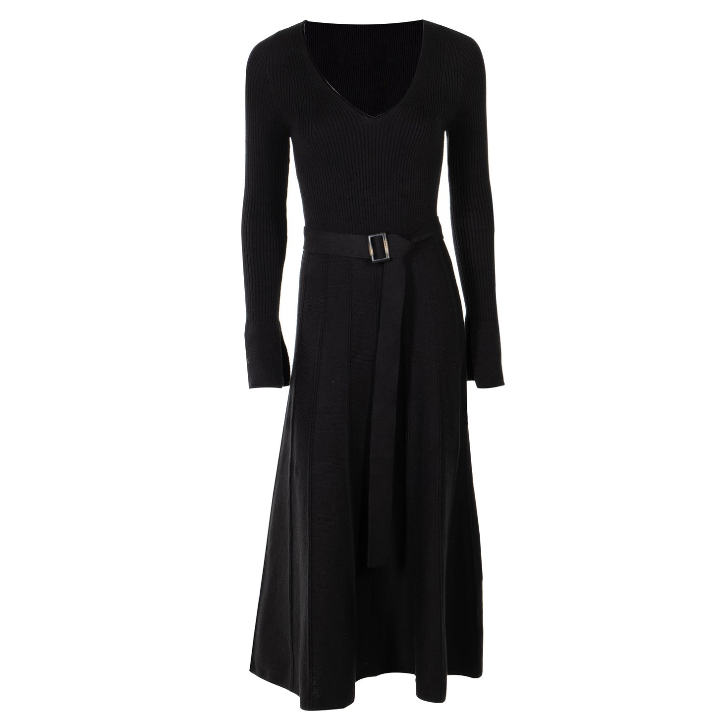 Knitted Belted V-neck Midi Dress Stephanie Black
