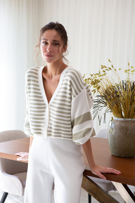 Striped V-Neck Button Front Cardigan Kylie Olive