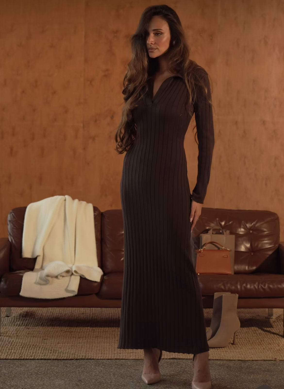 Ribbed Polo Maxi Dress with Slit Nova Chocolate NENYA Ribbed Polo Maxi Dress with Slit Nova Chocolate NENYA