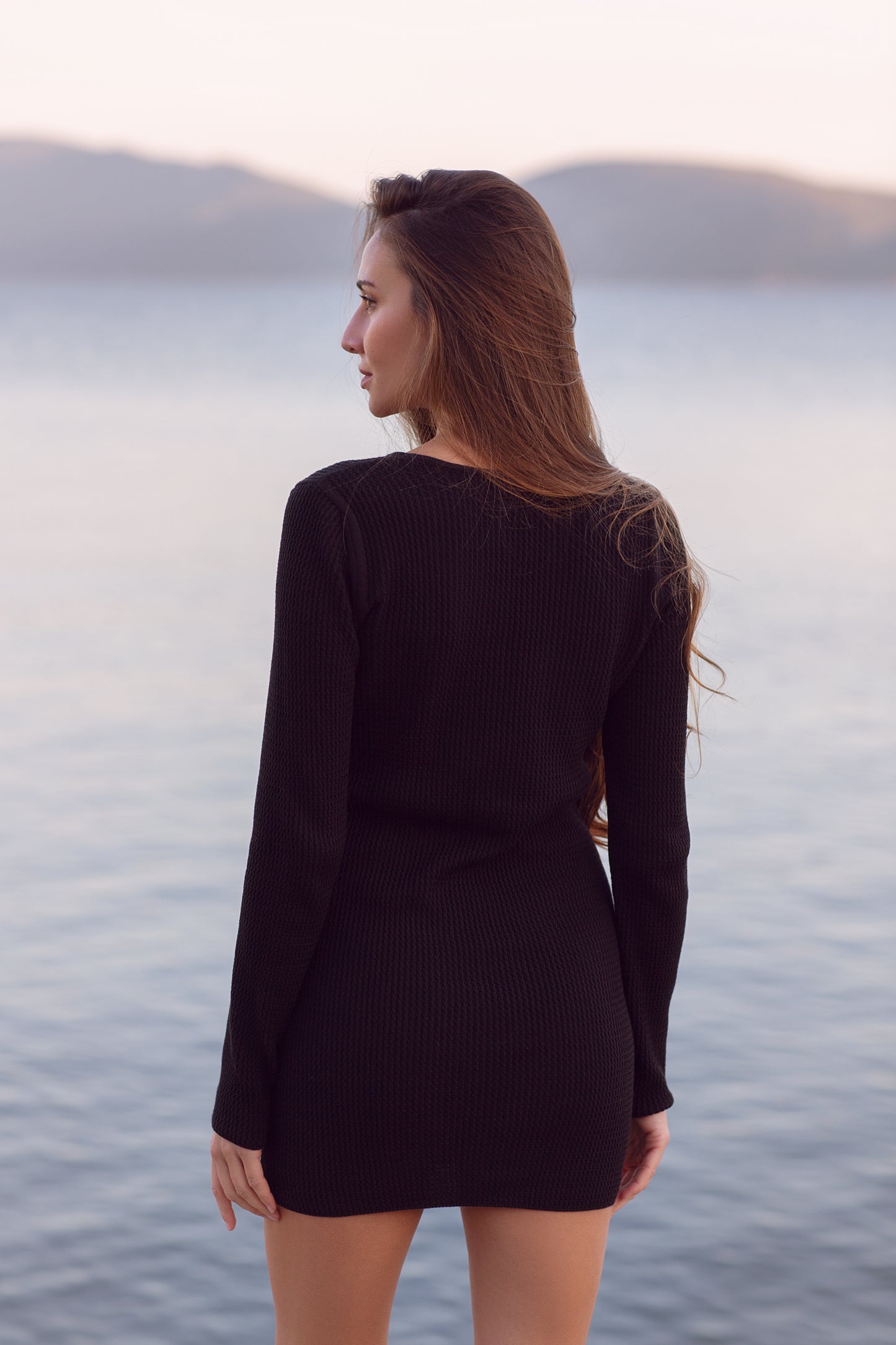 Stylish Knitted Black Mini Dress With Ties Melody