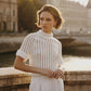 Fringed crochet-knit cotton jumper with short sleeve Provence Olive