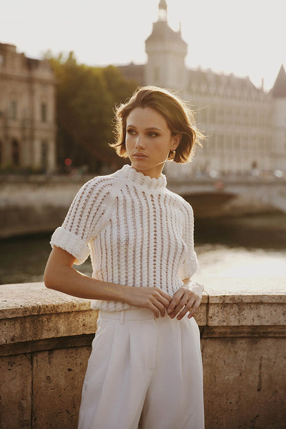 Fringed crochet-knit cotton jumper with short sleeve Provence Milk
