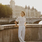 Fringed crochet-knit cotton jumper with short sleeve Provence Milk