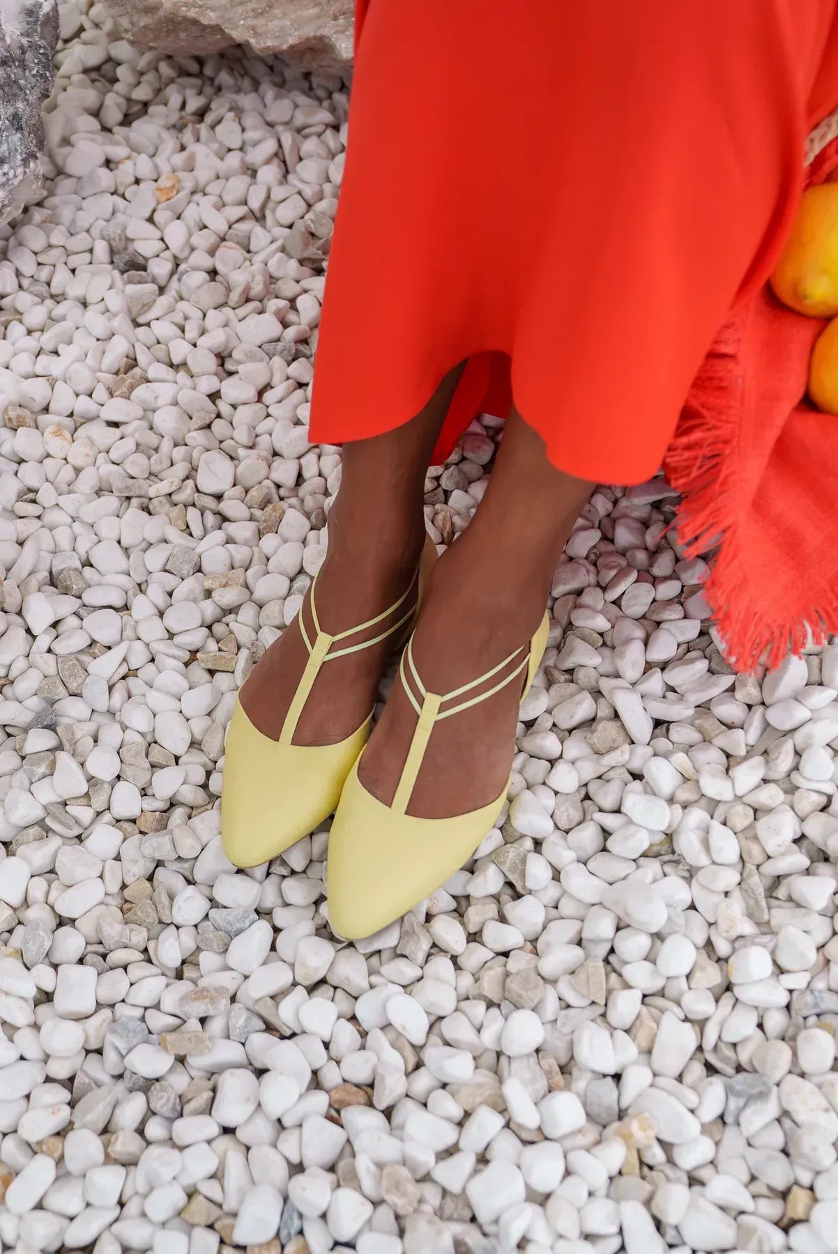 Leather Flat Ballet With Straps Yellow