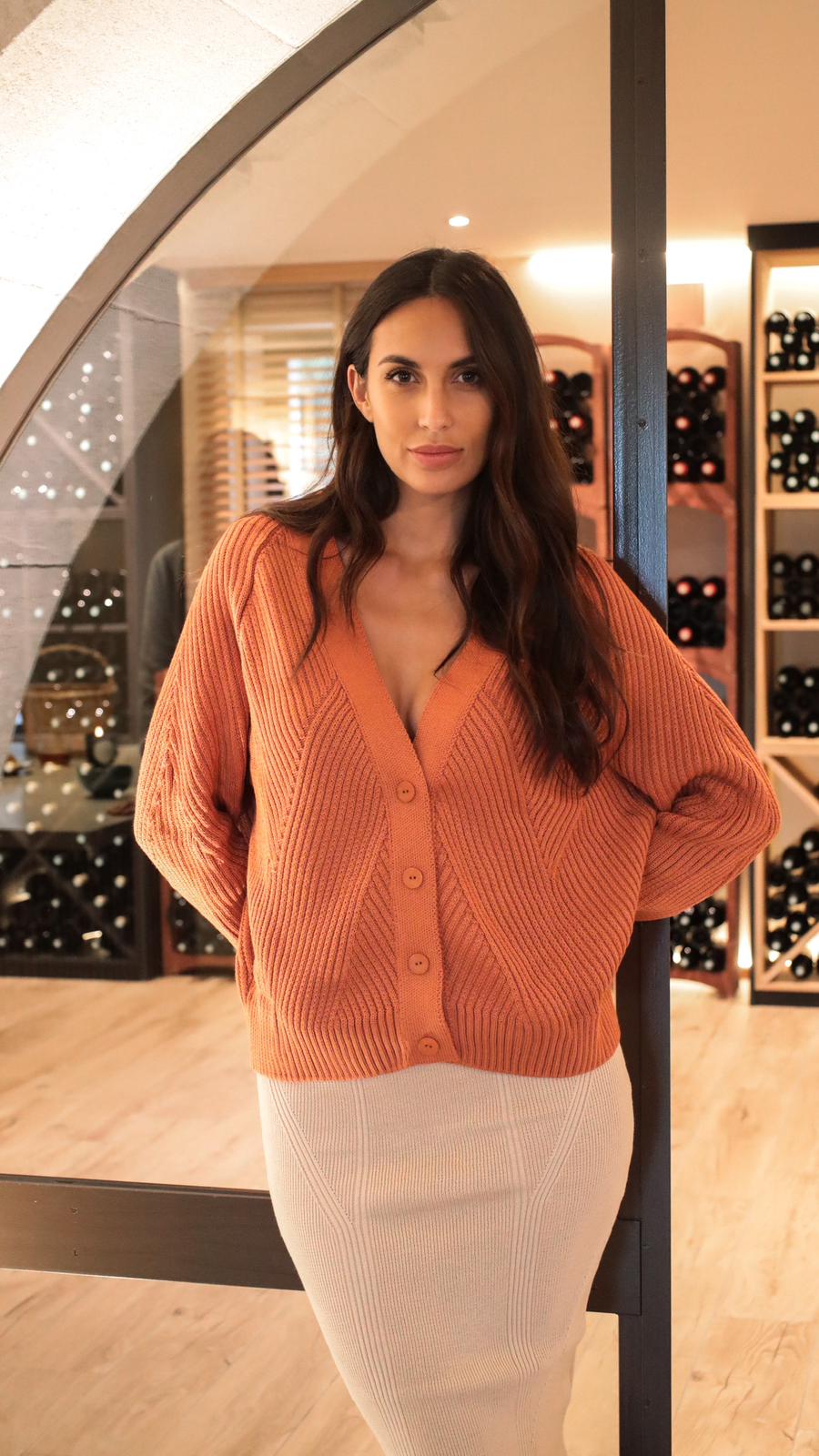 Cotton Rich Textured V-Neck Cardigan Geometria Cream