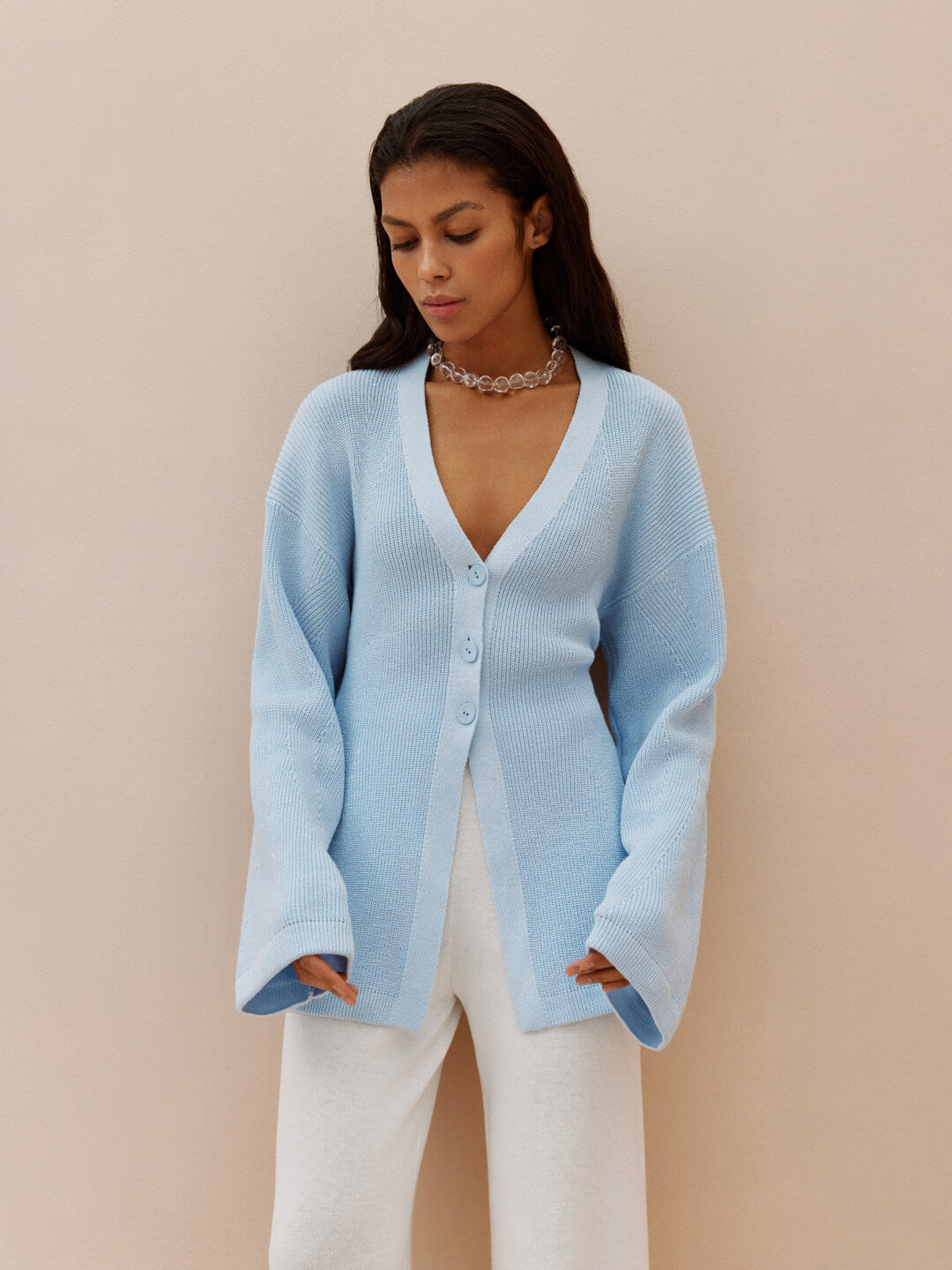 V-neck Ribbed Fitted Cardigan With Wide Sleeves Alice