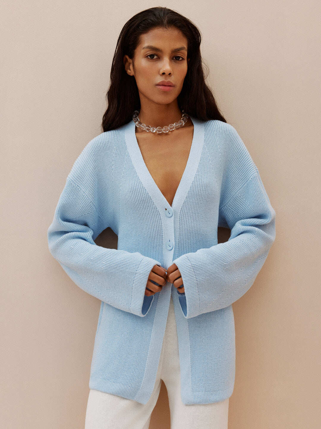 V-neck Ribbed Fitted Cardigan With Wide Sleeves Alice