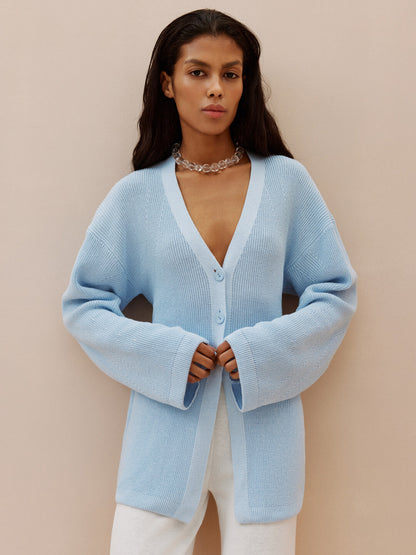 V-neck Ribbed Fitted Cardigan With Wide Sleeves Alice