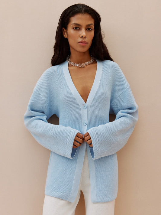 V-neck Ribbed Fitted Cardigan With Wide Sleeves Alice