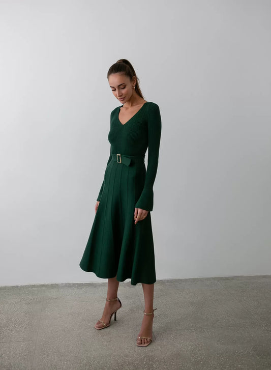 Knitted Belted V-neck Midi Dress Stephanie Green