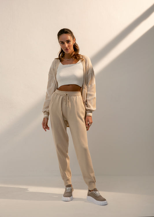 Cuffed High Waisted Tapered Jogger Trousers Cream