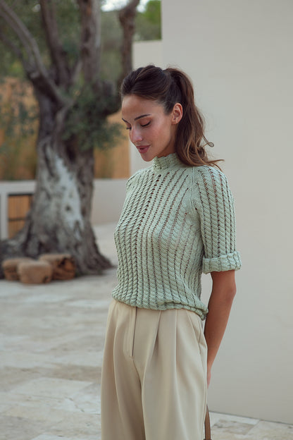 Fringed Crochet-knit Cotton Jumper With Short Sleeve Provence Olive