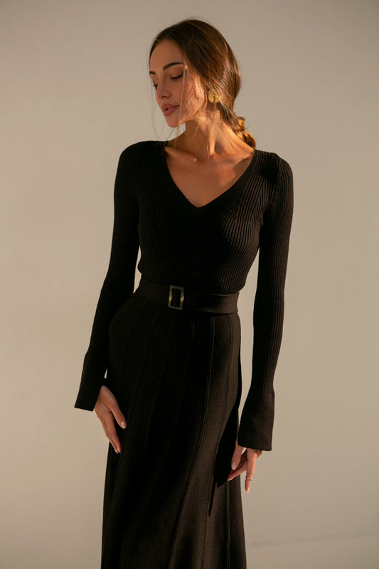Knitted Belted V-neck Midi Dress Stephanie Black