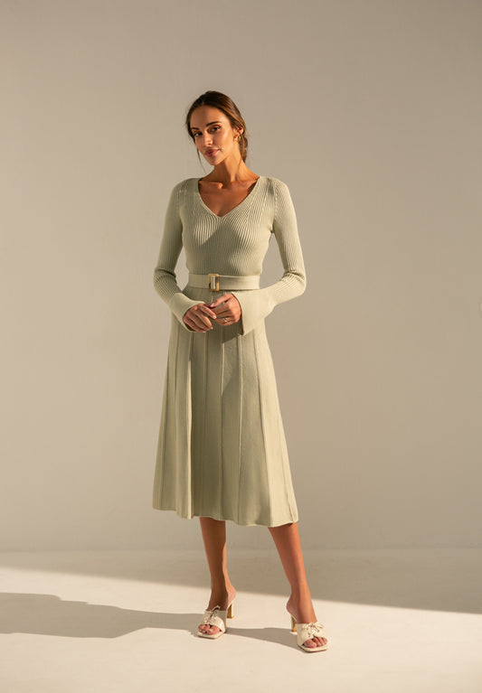 Knitted Belted V-neck Midi Dress Stephanie