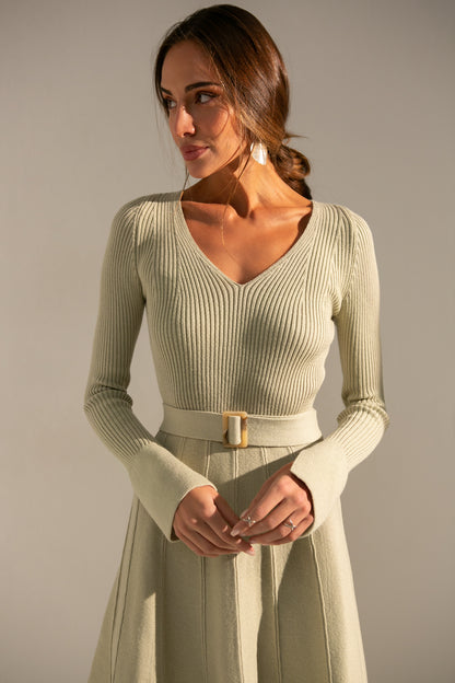 Knitted Belted V-neck Midi Dress Stephanie